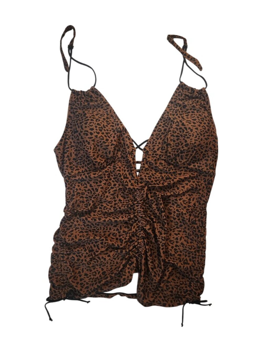 NWT Meet Curve Bathing Suit Top Brown Leopard Print Size 3XL V Cut Ruched Hem